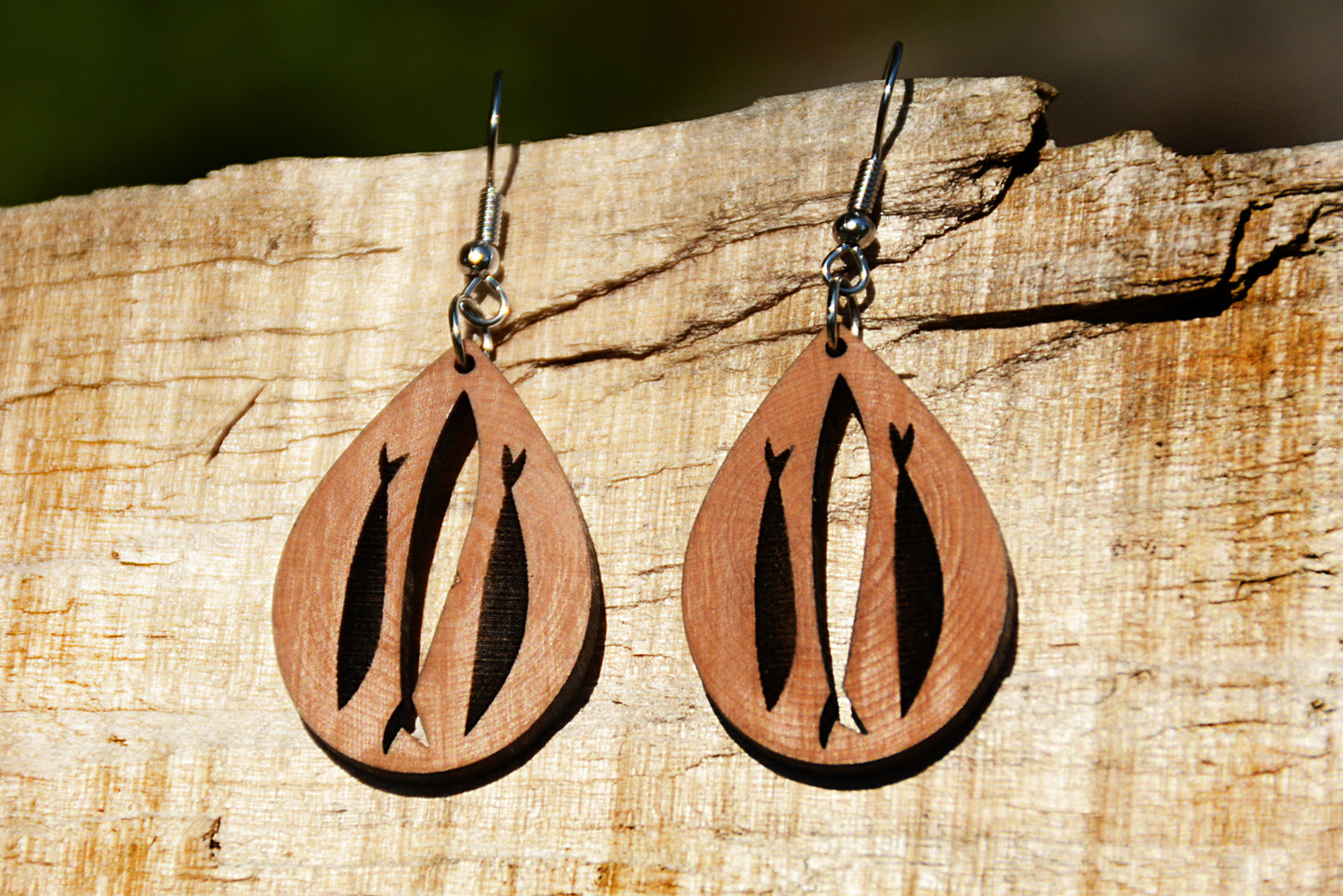 Fishing Upstream - Wood Teardrop Earrings