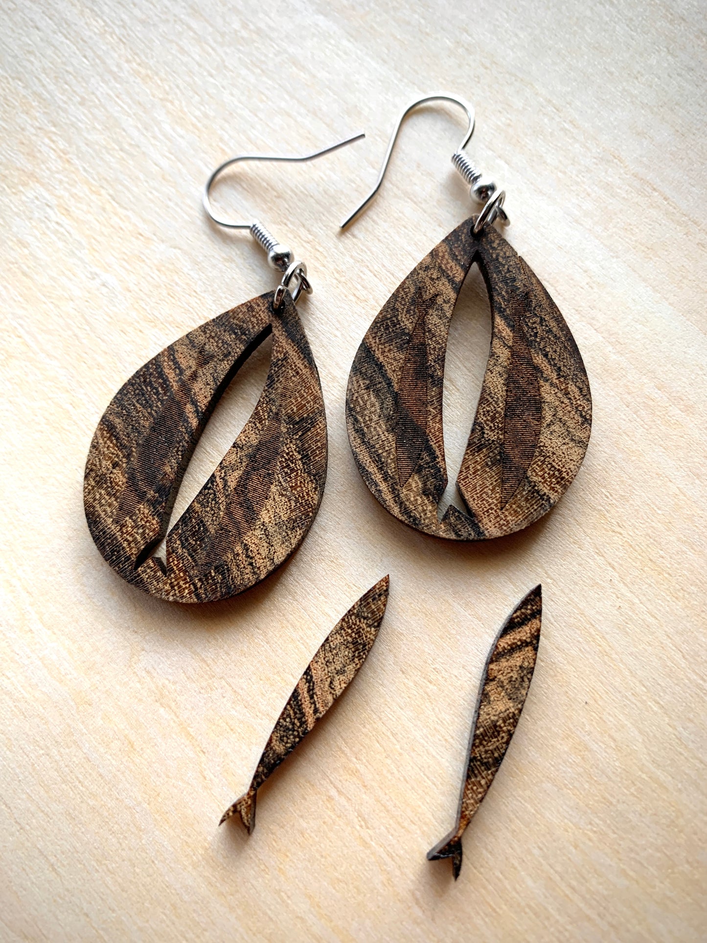 Fishing Upstream - Wood Teardrop Earrings