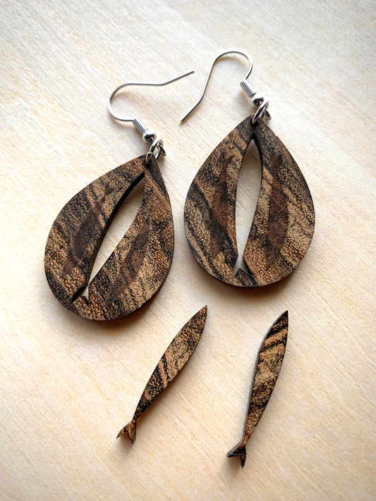 Fishing Upstream - Wood Teardrop Earrings