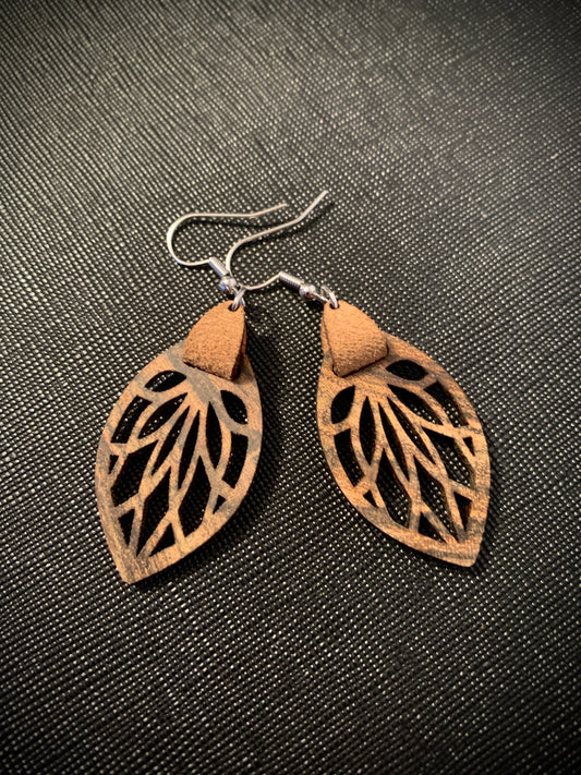 Leather & Wood Leaves - Teardrop Earrings